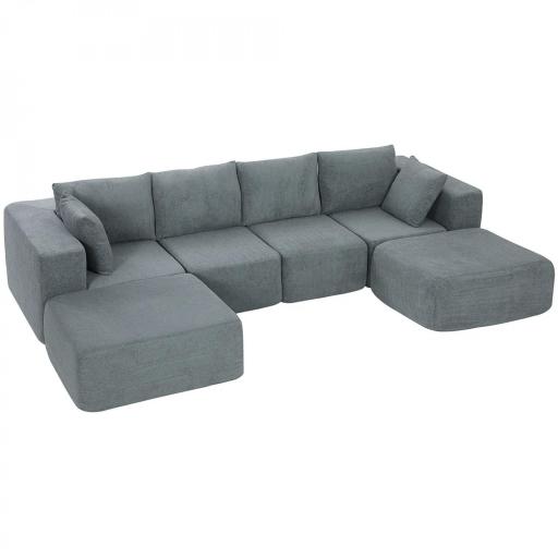 Sofá Seccional en Forma de U Sofá Modular con 2 Taburetes 2 Almohadas Reposabrazos Anchos sin Montaje Gris [9]