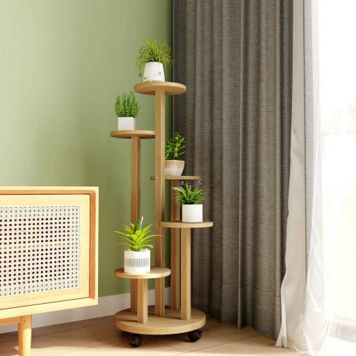 Soporte para Plantas de Bambú con Ruedas de 5 Niveles Estantería Redonda para Plantas para Esquina 33x33x90 cm Natural [5]