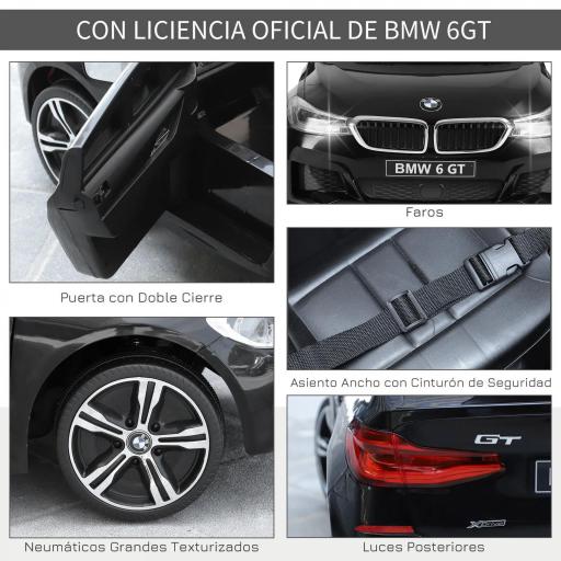 Coche Eléctrico BMW 6GT para Niños +3 Años Automóvil Infantil de Batería 6V con Control Remoto Luces y Sonidos MP3 USB Carga 30 kg 106x64x51 cm Negro [3]