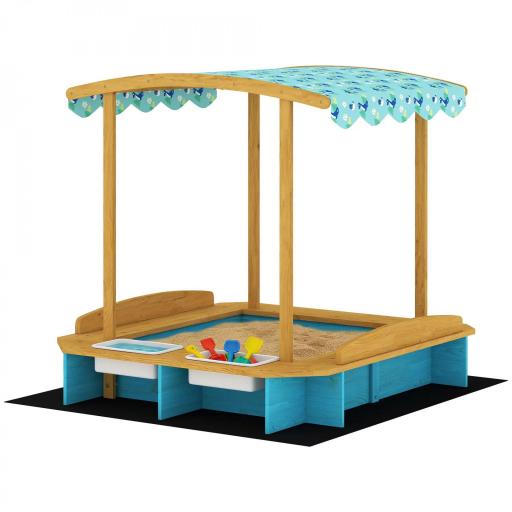 Arenero para Niños de Madera con Techo 3 Bancos 2 Cajas de PP Forro para Niños de 3-6 Años 128x118x121 cm Azul [10]