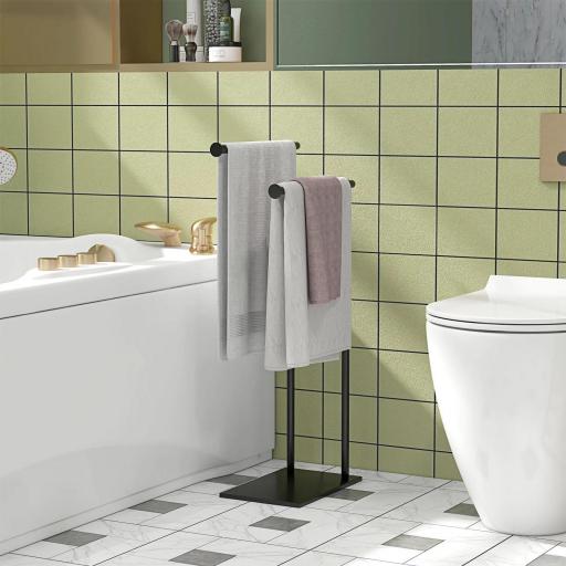 Toallero de Pie con 2 Barras y Marco Metálico Toallero de Baño Moderno en Forma de L 35,5x20x78 cm Negro