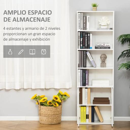 Estantería Librería Armario de Libros con 4 Compartimentos Abiertos y 2 Puertas para Salón Oficina 59x29x180 cm Blanco [4]