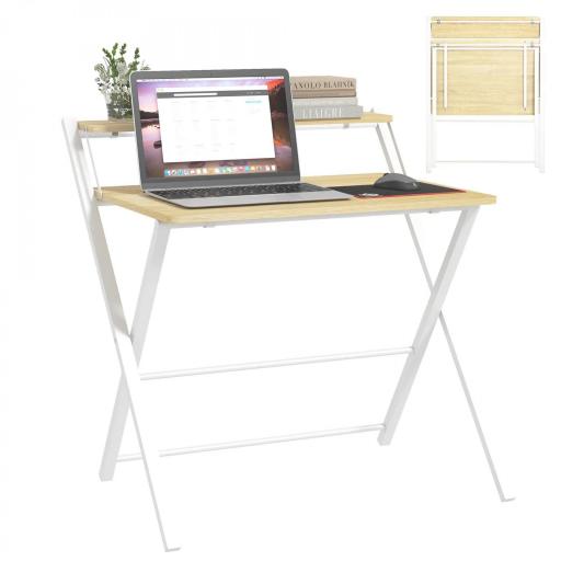 Mesa de Estudio Plegable con Estante Superior Estilo Moderno para Sala Oficina Dormitorio 81,5x70x84 cm Natural y Blanco [2]
