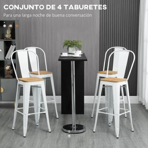Juego de 4 Taburetes Altos de Cocina Apilables con Respaldo Taburetes de Bar con Reposapiés 44x48x117 cm Blanco [2]
