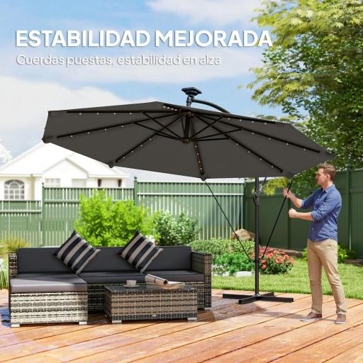 Parasol Excéntrico con Luces LED Solares Ø345 cm Sombrilla Jardín de Aluminio con Base Cruzada Manivela Funda Gris [4]