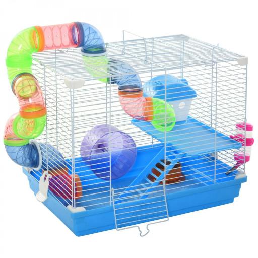 Jaula para Hámster 46x30x37 cm Casa para Hámster con Tubos Comedero Bebedero Rampa Rueda de Ejercicio y Asa Portátil para Interior y Exterior Azul y Blanco [9]