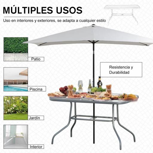 Mesa de Jardín Exterior Rectangular de Metal Bordes Curvos con Orificio para Sombrilla Capacidad 70kg Vidrio Templado 120x80x70 cm Gris Carbón [4]