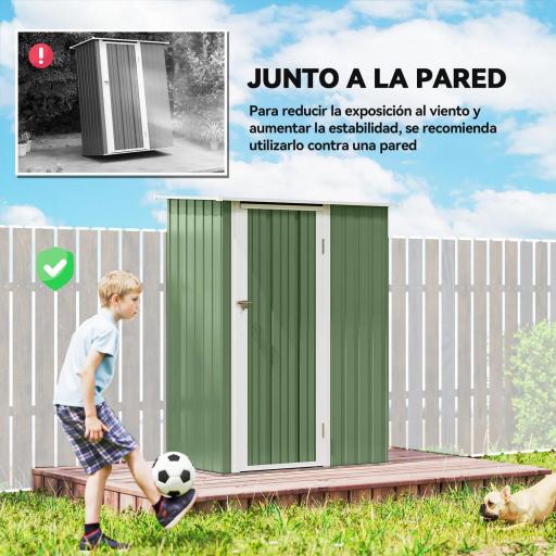 Cobertizo Exterior 1,07m² 142x84x189 cm con Puerta y Orificios de Drenaje para Almacenamiento de Herramientas Verde [5]