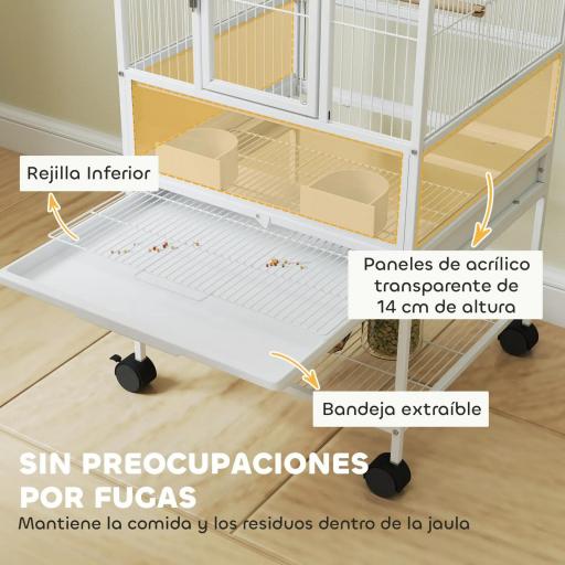 Jaula para Pájaros con Paneles Acrílicos Comederos Soporte Ruedas y Estante Inferior 48x46x83 cm Blanco [2]