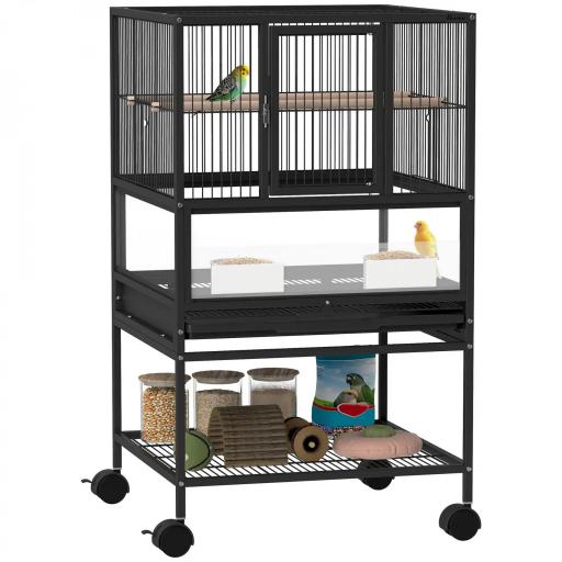 Jaula para Pájaros con Paneles Acrílicos Comederos Soporte Ruedas y Estante Inferior 48x46x83 cm Negro [9]