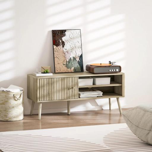 Mesa de TV con Puerta Estante Ajustable Compartimentos Abiertos y Orificio para Televisión hasta 55 Pulgadas Roble [7]