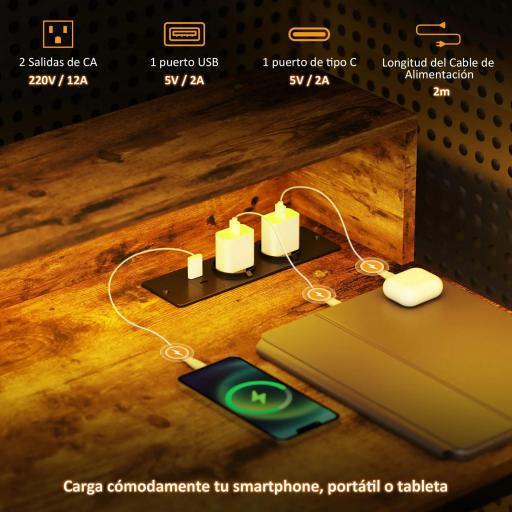 Mesa de Escritorio con Luces LED Tomas de Corriente Soporte para Monitor y Control Remoto 100x50x90,5 cm Marrón Rústico [4]