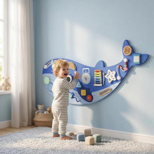 Tablero Sensorial Montessori Tema Ballena Busy Board Panel Sensorial Montessori 13 en 1 para Niños +2 Años Azul [13]