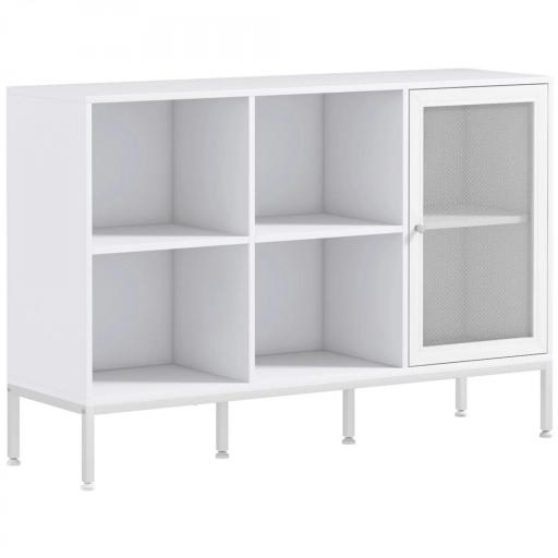 Aparador de Cocina Aparador Blanco con Puerta de Malla 4 Compartimentos Abiertos y Estante Ajustable 120x37x81,5 cm [3]