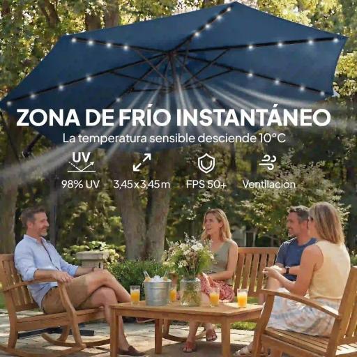 Parasol Excéntrico con Luces LED Solares Ø345 cm Sombrilla Jardín de Aluminio con Base Cruzada Manivela Funda Azul [2]