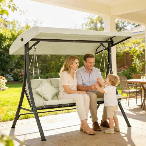 Balancín de Jardín Exterior Columpio de 3 Plazas con Toldo Ajustable y Marco de Acero 202x115x168 cm Beige [7]