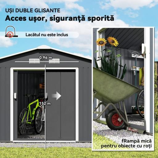 Cobertizo de Jardín 12,4 m² 340x386x200 cm con 2 Puertas Corredizas Base Refuerzo (Suelo NO Incluido) Gris Oscuro [5]