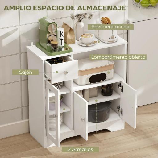 Aparador de Cocina Moderno con Puerta de Vidrio Mueble Auxiliar de Almacenaje para Comedor 80x30x82 cm Blanco [2]