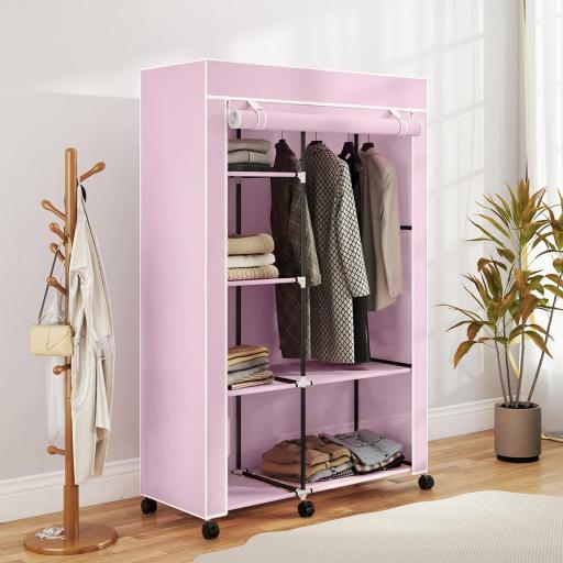 Armario de Tela con Ruedas Ropero Portátil con 6 Estantes y 1 Barra de Colgar para Dormitorio 103x43x162,5cm Rosa [8]