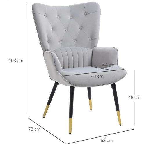 Butaca de Salón Sillón Individual Tapizado en Terciopelo con Respaldo Alto Estilo Moderno 68x72x103 cm Gris Claro [1]