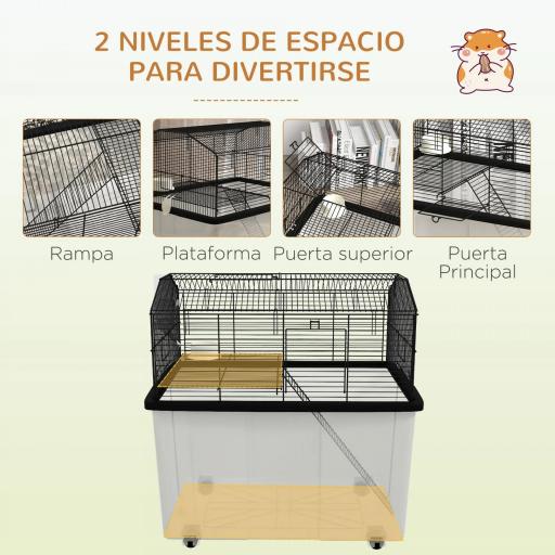 Jaula para Hámster con Fondo Profundo Plataforma Cuenco Bebedero Rampa y Ruedas 57x43x57 cm Negro [2]