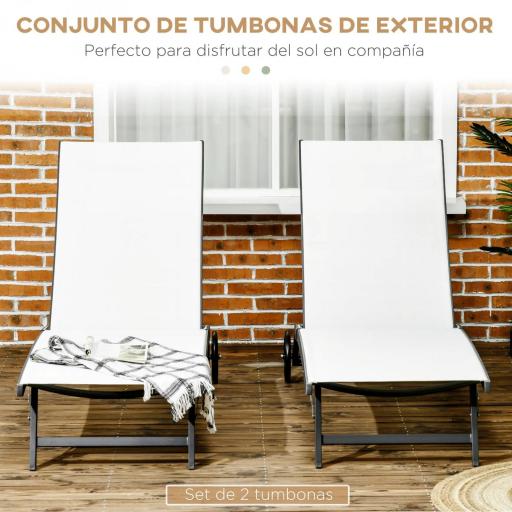 Juego de 2 Tumbonas Reclinables de Jardín de Aluminio con Respaldo Ajustable y Ruedas 165x66x102 cm Blanco Mate [5]