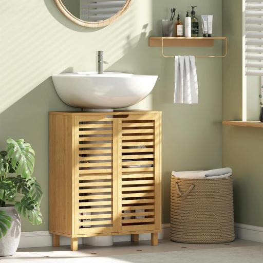 Mueble Bajo Lavabo de Bambú con 2 Puertas de Lamas Estante Ajustable para Lavabos con o sin Pedestal Natural