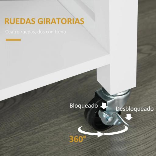 sla de Cocina con Ruedas Mueble Auxiliar de Cocina con Cajón Estantes y Barra Lateral 107,5x48x89 cm Blanco [4]