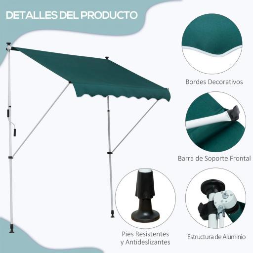 Toldo Manual Retráctil 200x150x170-280 cm para Balcón y Terraza con Altura Ajustable con Manivela Verde [4]