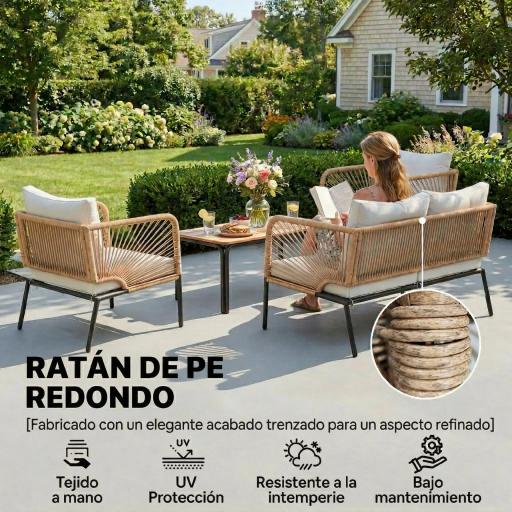 Conjunto Jardín Exterior de 4 Piezas con Sofá 2 Sillones y Mesa WPC Ratán PE Tipo Cuerda Cojines Acolchados Blanco [4]