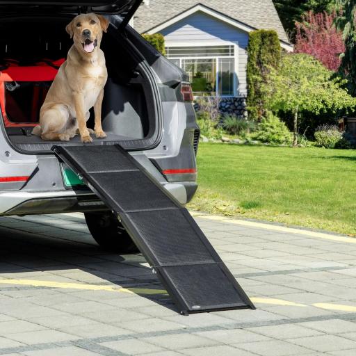 Rampa Plegable para Perros de Aluminio con Superficie Antideslizante Asa y Gancho Carga 80 kg 158x43,5x2,5 cm Negro [0]