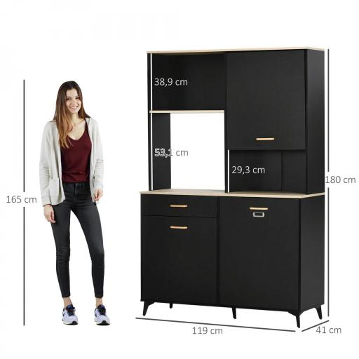 Alacena de Cocina con Cajón Armarios y Estantes Mueble Auxiliar para Microondas Estilo Moderno 119x41x180cm Negro [1]