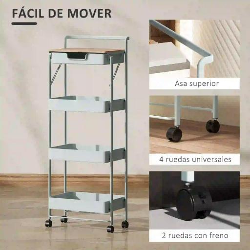 Carrito Auxiliar con Ruedas de 4 Niveles con Cajón Encimera y Cestas de Rejilla para Dormitorio Baño Cocina Verde Claro [4]
