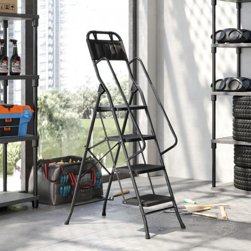 Escalera Plegable de 4 Peldaños con Bolsa de Herramientas Escalera de Tijera con Peldaños Anchos Antideslizantes Negro [0]