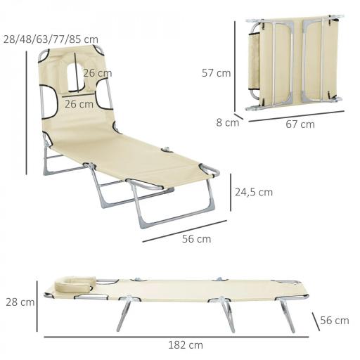 Tumbona Reclinable y Plegable de Jardín con Orificio de Lectura Reposacabezas y Respaldo Ajustable en 5 Niveles para Playa 182x56x28 cm Beige [1]
