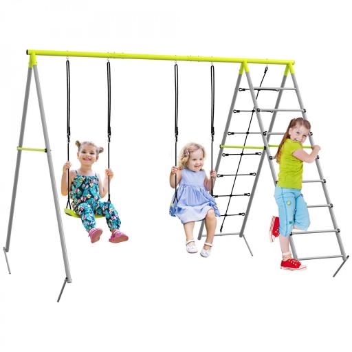 Columpio para Niños con Altura Ajustable 2 Sillas Trepador Red de Escalada y Anti-UV 260x185x180 cm Gris y Verde [8]