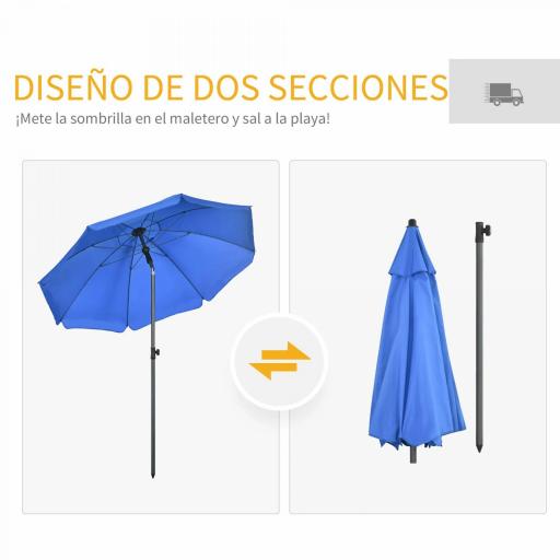 Sombrilla de Playa con Protección UV50+ Mástil de Ø32 mm y Toldo Ajustable Ø180x209 cm Azul [2]