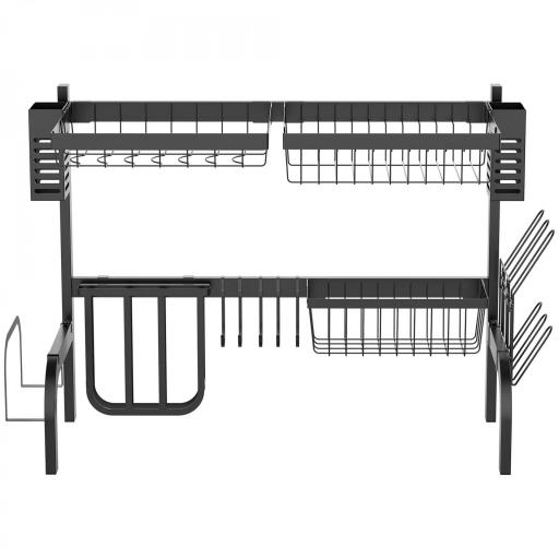 Escurreplatos de Acero de 2 Niveles para Fregadero con Diferentes Soportes y 5 Ganchos 65x31,5x52,5cm Negro [9]