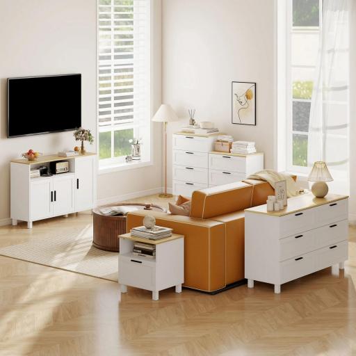 Aparador de 3 Puertas de Cierre Suave con Estantes Ajustables Compartimento Abierto Patas de Madera Blanco [3]