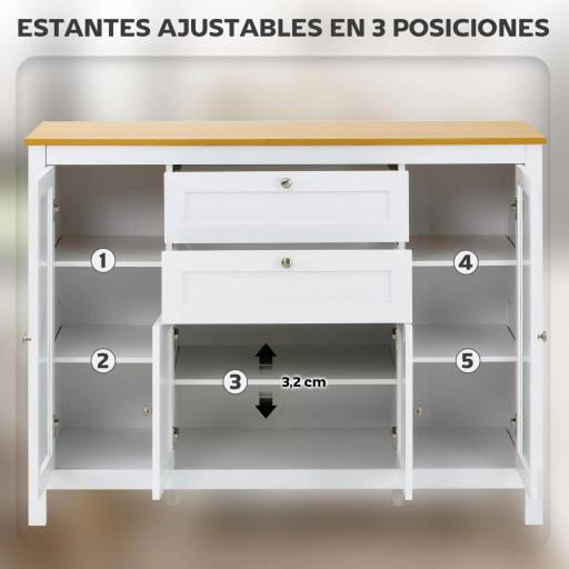 Aparador de Cocina con Armario 2 Cajones 2 Puertas de Vidrio y Estantes Ajustables Muebles Auxiliar de Almacenaje para Comedor Salón 120x40x90 cm Blanco [4]