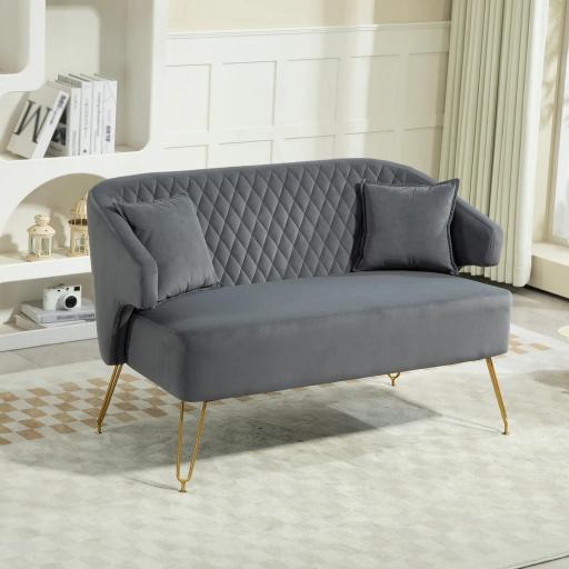 Sofá de 2 Plazas Tapizado en Terciopelo con 2 Almohadas Reposabrazos y Patas de Acero Carga 240 kg 124x69x76 cm Gris [0]