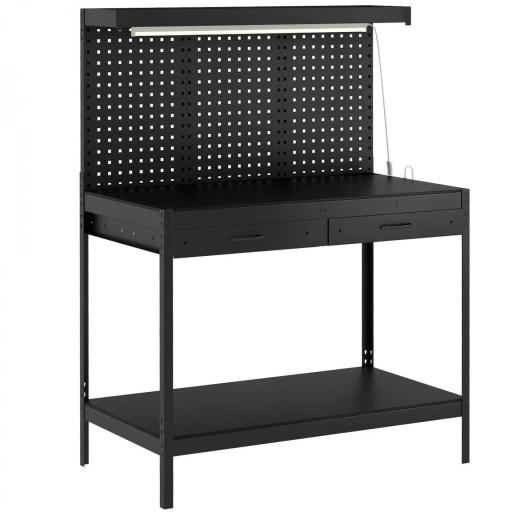 Banco de Trabajo Carga 272 kg 110x60x150 cm con Tableros Perforados Metálicos Toma de Corriente Luces LED Cajones Negro [9]