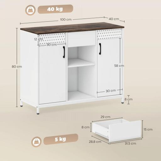 Aparador para Salón con 2 Puertas con Orificios Cajón Compartimentos Abiertos Estantes Ajustables 100x40x80 cm Blanco [1]