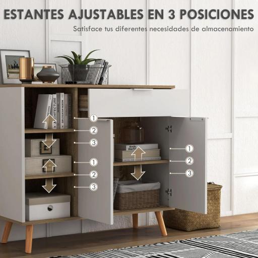 Aparador de Cocina con 1 Cajón 2 Puertas de Cierre Suave y Estantes Ajustables para Comedor 95x35x85 cm Blanco y Natural [8]