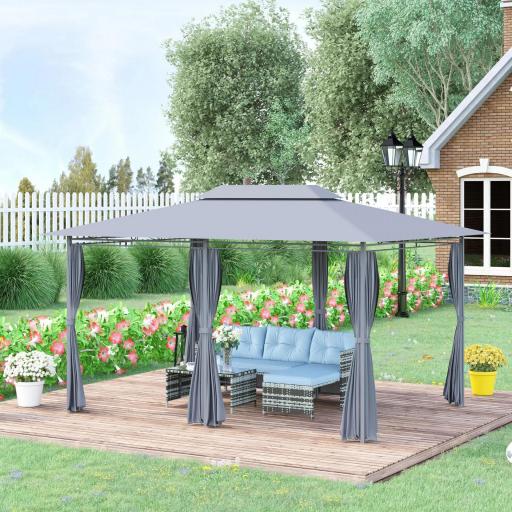 Gazebo de Exterior 3x4 m con Paredes Laterales Doble Techo 6 Puertas con Cremallera y 8 Orificios de Drenaje Gris