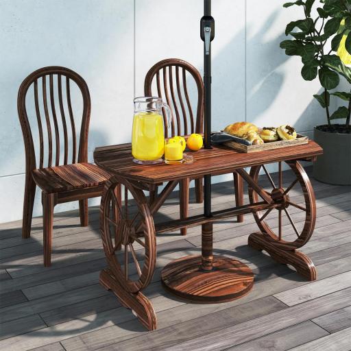 Mesa de Jardín de Madera de Abeto con Patas en Forma de Rueda Orificio para Sombrilla 120x63x70 cm Acabado Carbonizado