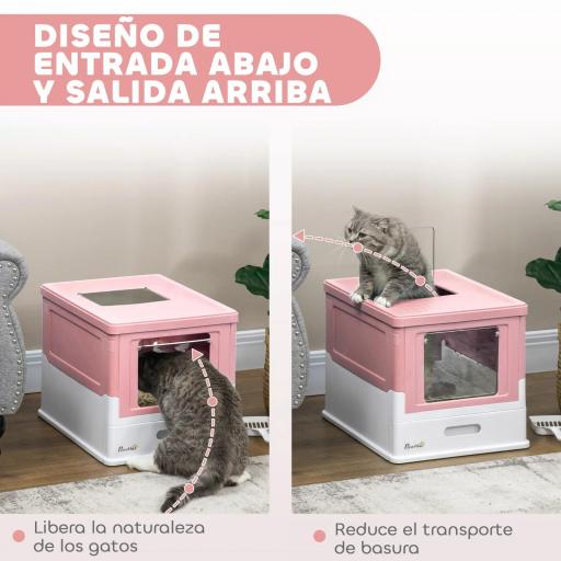 Arenero Cubierto para Gatos Desmontable con Entrada Frontal y Salida Superior con Pala 47,5x35,5x36,7 cm Rosa y Blanco [5]