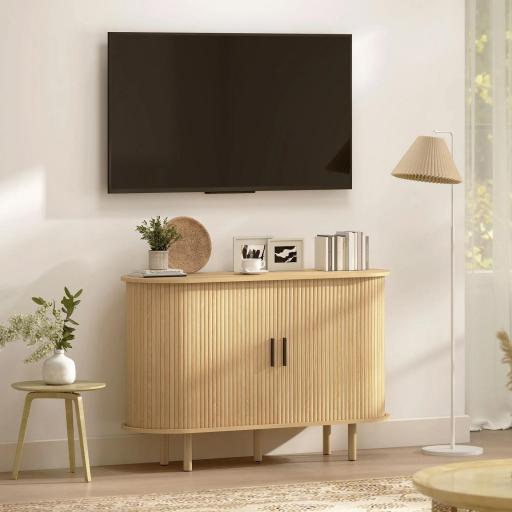 Aparador con Puertas Tambour Deslizantes 4 Compartimentos y Patas de Madera 120x40x78 cm Roble [4]