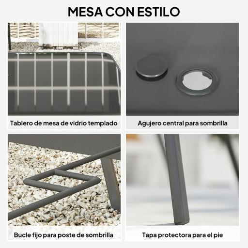 Juego de Mesa y 6 Sillas para Terraza con Orificio para Sombrilla y Encimera de Cristal para Terraza Patio Gris [2]
