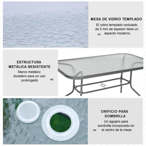 Mesa de Jardín Exterior Rectangular de Metal Bordes Curvos con Orificio para Sombrilla Capacidad 70kg Vidrio Templado 140x80x70 cm Gris Carbón [3]